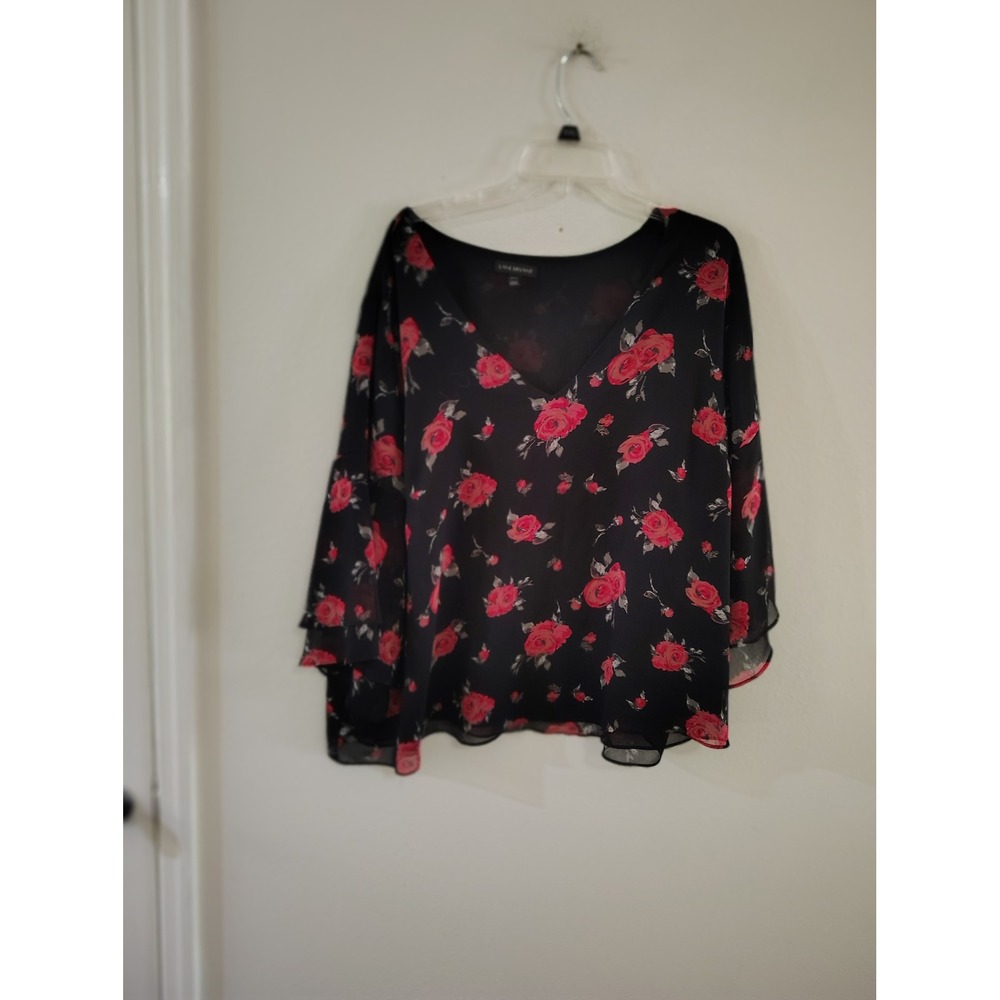 Lane Bryant Plus 22/24 Black Red‎ Floral Rose Chiffon V-Neck Bell Sleeve Top